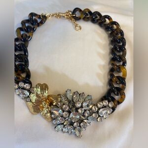 J. Crew Orchids Floral Flowers Faux Tortoise Shell Jeweled Statement Necklace